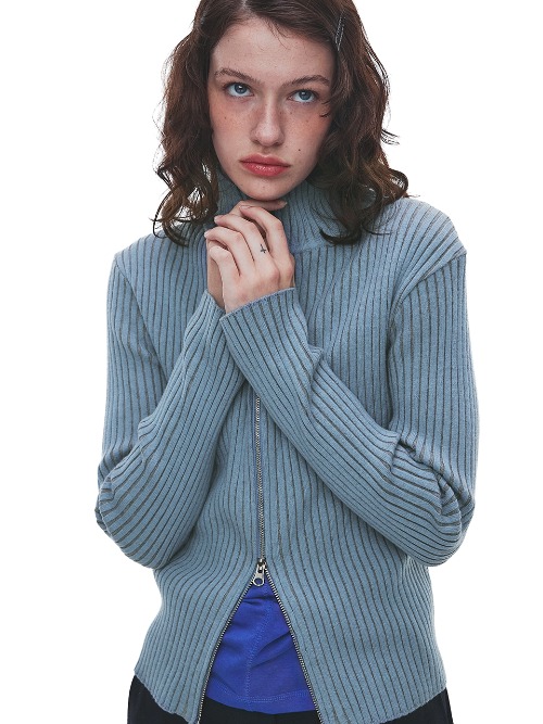 Ribbed Two-Way Zip-up Knit - BlueBerry