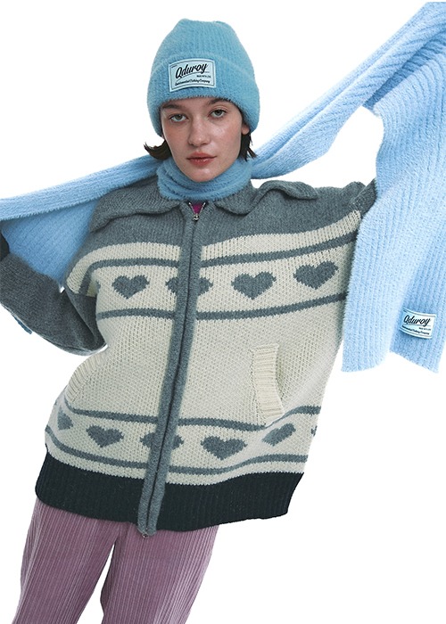 Heart Zip-up Knit Jacket - Penguin